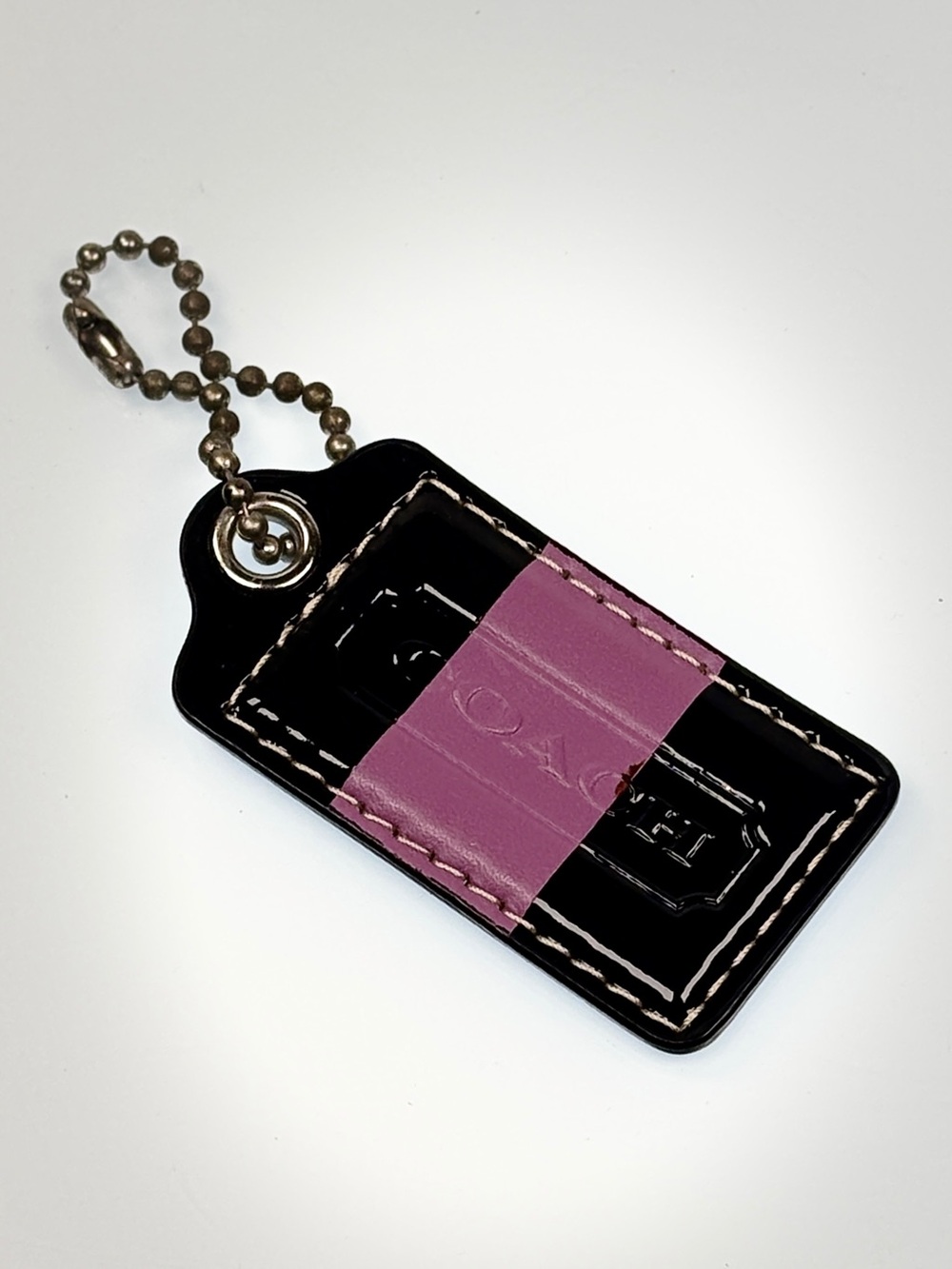 Coach Black Leather Key Tag with Pink Accent and Ball Chain